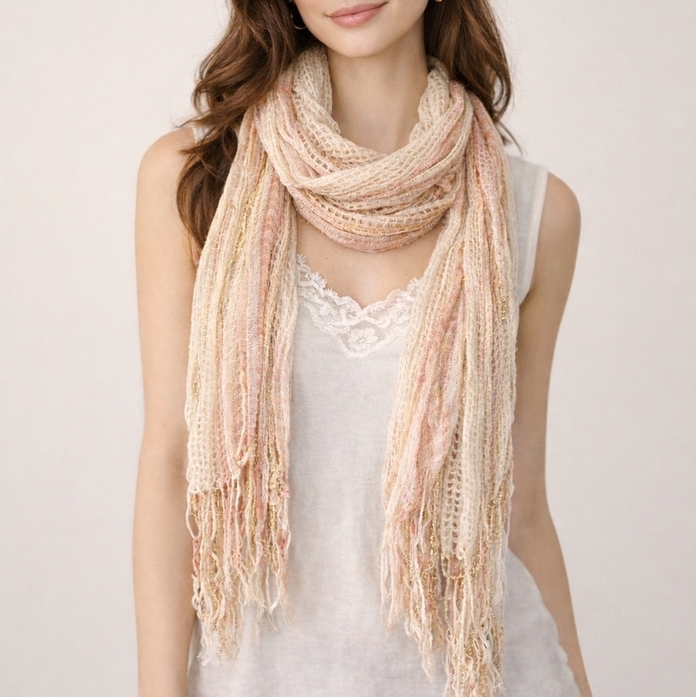 3/$30 Lightweight Pink Metallic Gold Striped Netted Fringe Scarf